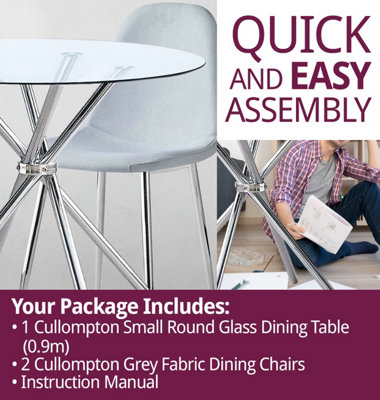 Hallowood Furniture Cullompton Set Tavolo Rotondo In Vetro + 2 Sedie In Tessuto Grigio | Tavolo Da Pranzo Per 2 Posti Con Gambe Cromate - 4