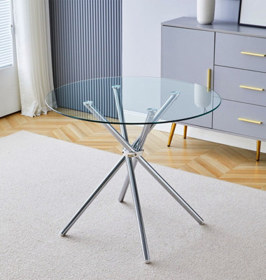 Hallowood Furniture Cullompton Small Round Glass Dining Table (0.9m) with Glass Top and Stainless Steel Legs