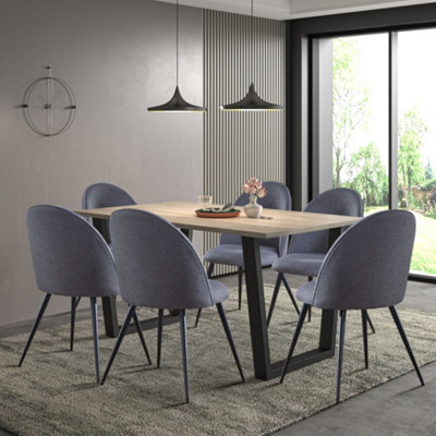 Hallowood Furniture Dudley 1.5m Dining Table Set with 6 Grey Fabric Curved Back chairs
