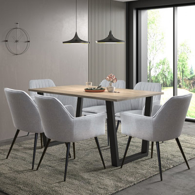 Hallowood Furniture Dudley 1.5m Dining Table Set with 6 Grey Fabric Dining Chairs with Armrest