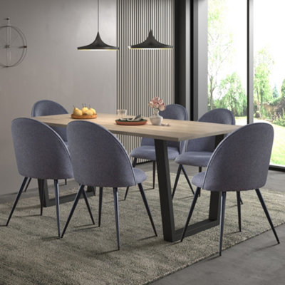 Hallowood Furniture Dudley 1.8m Dining Table Set with 6 Grey Fabric Curved Back Chairs