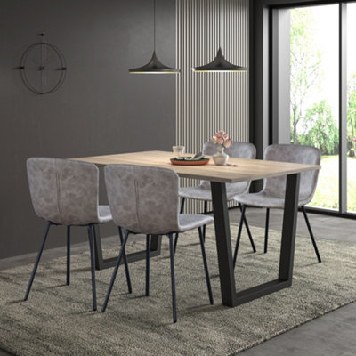 Hallowood Furniture Dudley Dining Set, 150cm Modern Industrial Table with 4 Grey Faux Leather Chairs
