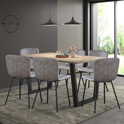 Hallowood Furniture Dudley Dining Set, 150cm Modern Industrial Table with 6 Grey Faux Leather Chairs