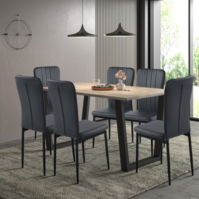 Hallowood Furniture Dudley Dinning Table 1.5m with 6 Black Faux Leather Chairs