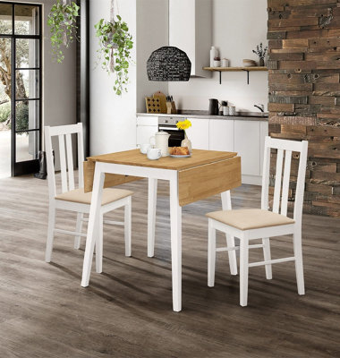 Hallowood Furniture Ledbury White Drop Leaf Rectangular Table with 2 Dining Chairs, White Painted and Oak Finish