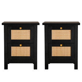 Hallowood Furniture Newquay Black Bedside with 2 Drawer and Real Rattan Front (Pair)