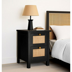 Hallowood Furniture Newquay Black Bedside with 2 Drawer and Real Rattan Front