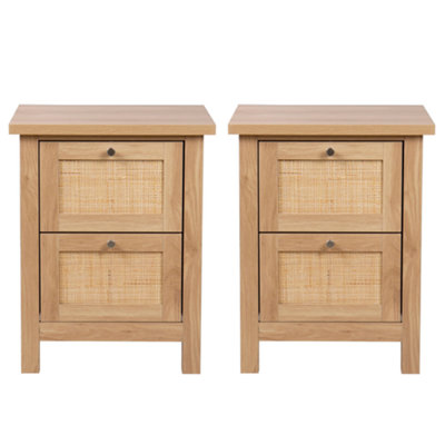 Hallowood Furniture Newquay Oak Effect Bedside Table with 2 Drawer and Real Rattan Front (Pair)