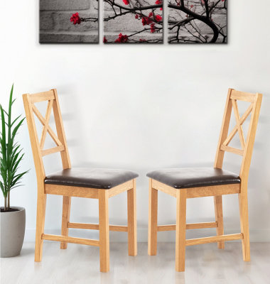 Hallowood Furniture Pair of Oak Small Cross Back Chairs with Brown Bonded Leather  Seat