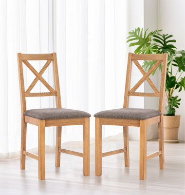 Hallowood Furniture Pair of Oak Small Cross Back Chairs with Grey Fabric Seat