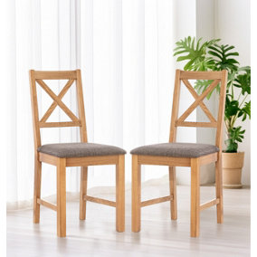 Hallowood Furniture Pair of Oak Small Cross Back Chairs with Grey Fabric Seat