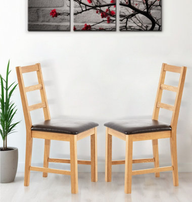 Hallowood Furniture Pair of Oak Small Ladder Back Chairs with Brown Bonded Leather  Seat