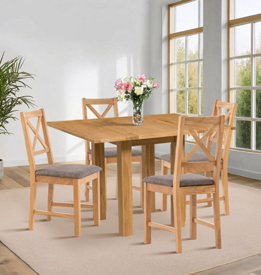 Hallowood Furniture Waverly Small Folding Table with 4 Cross Back Oak Chairs with Grey Fabric Seats