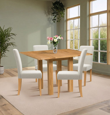 Hallowood Furniture Waverly Small Folding Table with 4 Upholstered Chairs in Beige Fabric