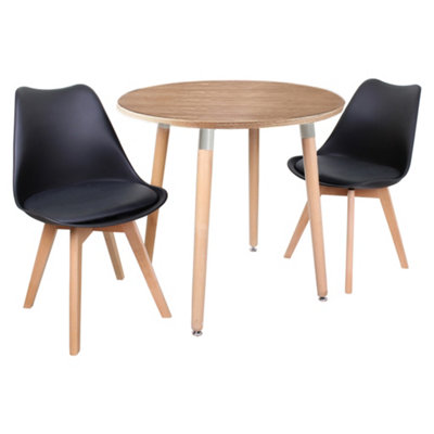 Halo Round Dining Set with Oak Table and 2 Black Chairs