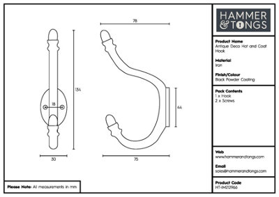 Hammer & Tongs - Antique Deco Hat & Coat Hook - W30mm x H135mm - Black