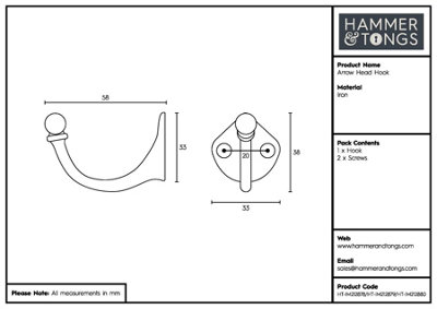 Hammer & Tongs - Arrow Head Hook - W35mm x H40mm - Brass