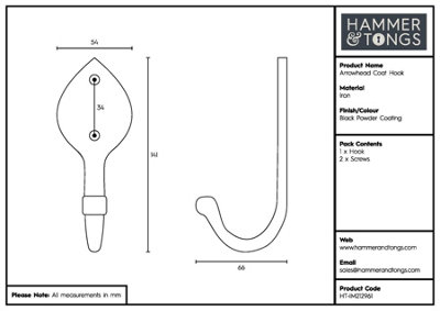 Hammer & Tongs Arrowhead Coat Hook - W55mm x H140mm - Black