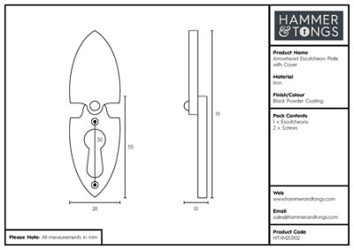 Hammer & Tongs - Arrowhead Escutcheon Plate with Cover - W30mm x H55mm - Black