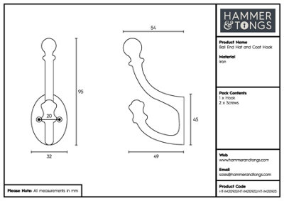 Hammer & Tongs Ball End Hat & Coat Hook - W30mm x H95mm - Raw