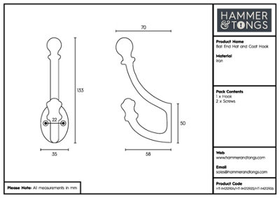 Hammer & Tongs Ball End Hat & Coat Hook - W35mm x H135mm - Brass