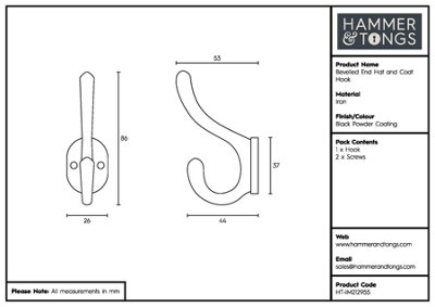 Hammer & Tongs - Bevelled End Hat & Coat Hook - W25mm x H85mm - Black