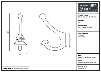 Hammer & Tongs - Bowler and Coat Hook - W45mm x H130mm - Black