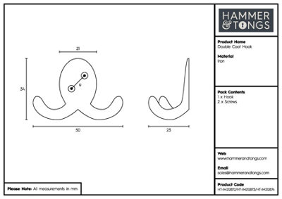 Hammer & Tongs Double Coat Hook - W50mm x H35mm - Raw
