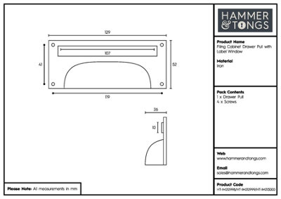 Hammer & Tongs - Filing Cabinet Cup Handle with Card Frame - W130mm x H50mm  - Brass