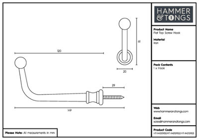 Hammer & Tongs Flat Top Screw Hook - W20mm x H60mm - Raw