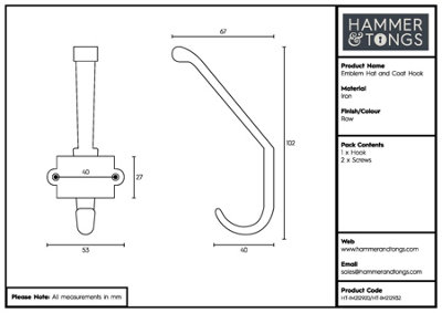 Hammer & Tongs Great North of England Railway Double Wall Hook - W53mm x H101mm - Raw