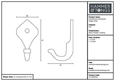 Hammer & Tongs - Hammered Arrowhead Single Hook - W20mm x H40mm - Black