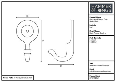 Hammer & Tongs Hammered Round Plate Single Hook - W25mm x H45mm - Black