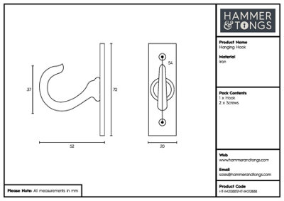 Hammer & Tongs - Hanging Hook - W20mm x H70mm - Black