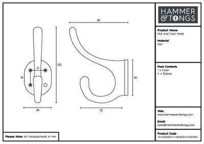 Hammer & Tongs Hat & Coat Hook - W40mm x H105mm - Raw