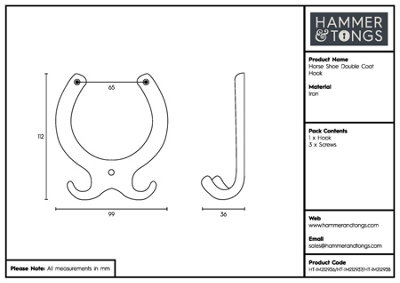 Hammer & Tongs - Horse Shoe Double Coat Hook - W100mm x H110mm - Raw