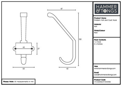Hammer & Tongs - London Underground Hat & Coat Hook - W55mm x H100mm - Raw