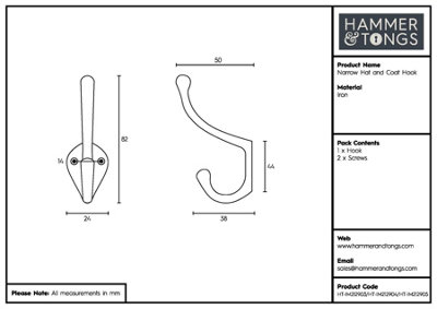 Hammer & Tongs Narrow Hat & Coat Hook - W25mm x H80mm - Black