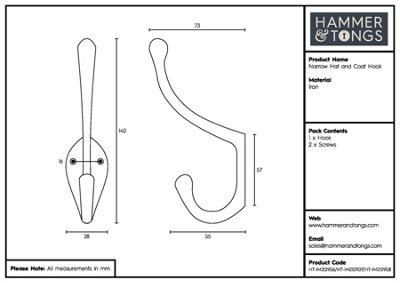 Hammer & Tongs - Narrow Hat & Coat Hook - W30mm x H140mm - Raw