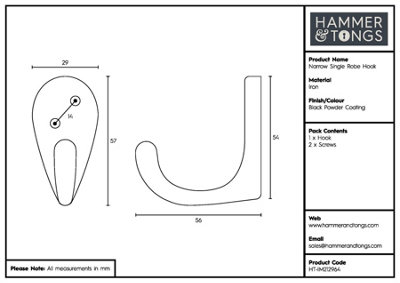 Hammer & Tongs - Narrow Single Robe Hook - W30mm x H55mm - Black