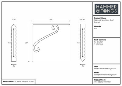 Hammer & Tongs Notched Scroll Iron Shelf Bracket - D205mm - Raw