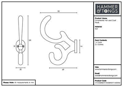Hammer & Tongs Ornamental Hat & Coat Hook - W30mm x H130mm - Brass