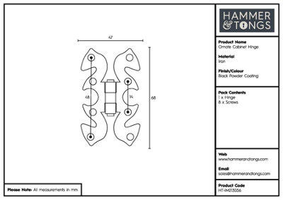 Hammer & Tongs - Ornate Cabinet Hinge - H70mm - Black