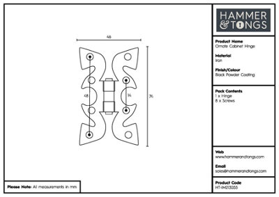 Hammer & Tongs Ornate Cabinet Hinge - H75mm - Black - Pack of 2