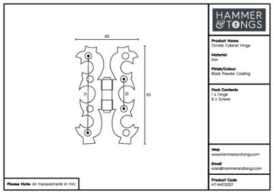 Hammer & Tongs Ornate Cabinet Hinge - H95mm - Black - Pack of 2
