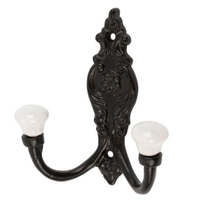Hammer & Tongs Ornate Double White Ceramic Coat Hook - W100mm x H115mm - Black