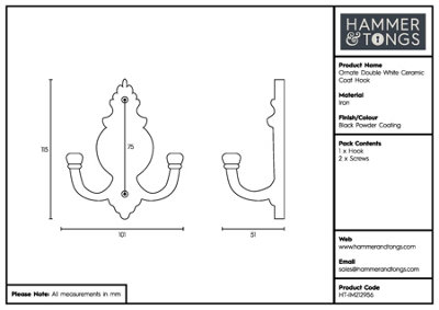 Hammer & Tongs - Ornate Double White Ceramic Coat Hook - W100mm x H115mm - Black