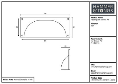 Hammer & Tongs - Rectangular Cabinet Cup Handle - W130mm x H50mm - Brass