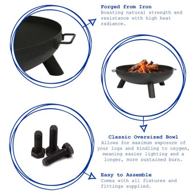 Hammer & Tongs Round Iron Fire Pit - 59.5cm - Outdoor Camping Garden Heater Firepit Log Burner Bowl