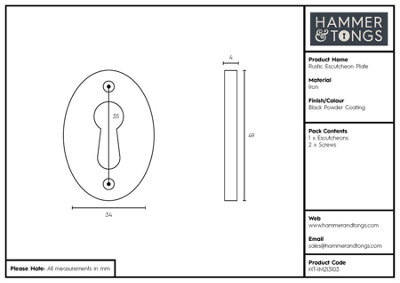 Hammer & Tongs - Rustic Escutcheon Plate - W35mm x H50mm - Black